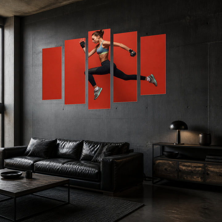 Flying Jump in Vivid Color — five-panel wall art in perspective interior | 5wallart 55216 M2