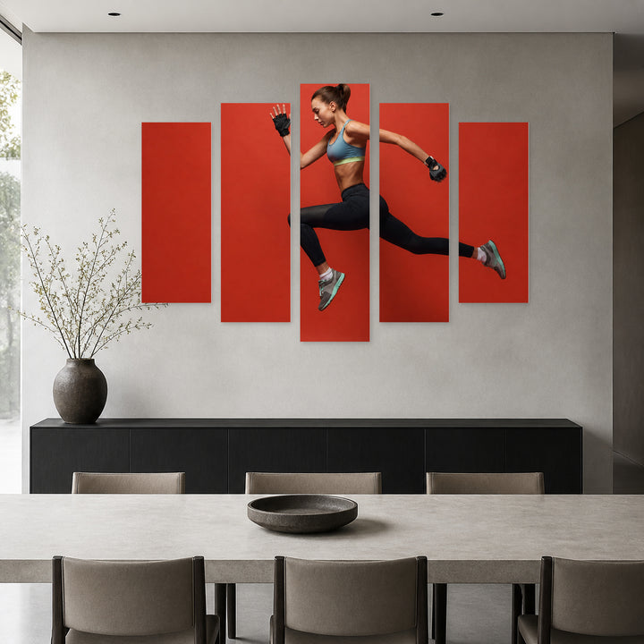 Flying Jump in Vivid Color — five-panel wall art in frontal interior | 5wallart 55216 M3