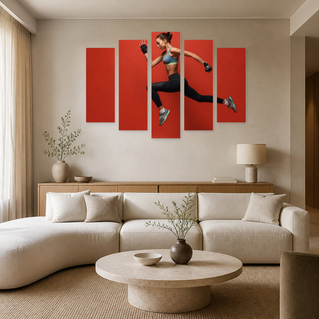Flying Jump in Vivid Color — five-panel wall art in alternate frontal interior | 5wallart 55216 M4