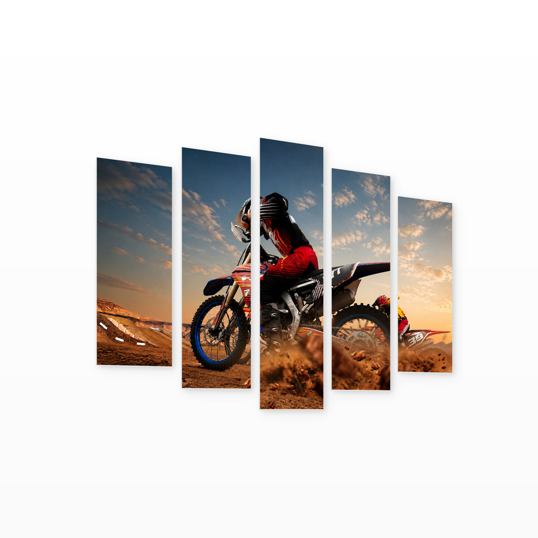 Motocross Sport with Dramatic Contrast — five-panel wall art on white background in perspective | 5wallart 55217 M1