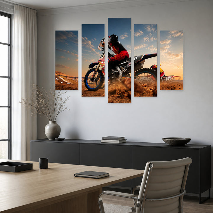 Motocross Sport with Dramatic Contrast — five-panel wall art in alternate frontal interior | 5wallart 55217 M4