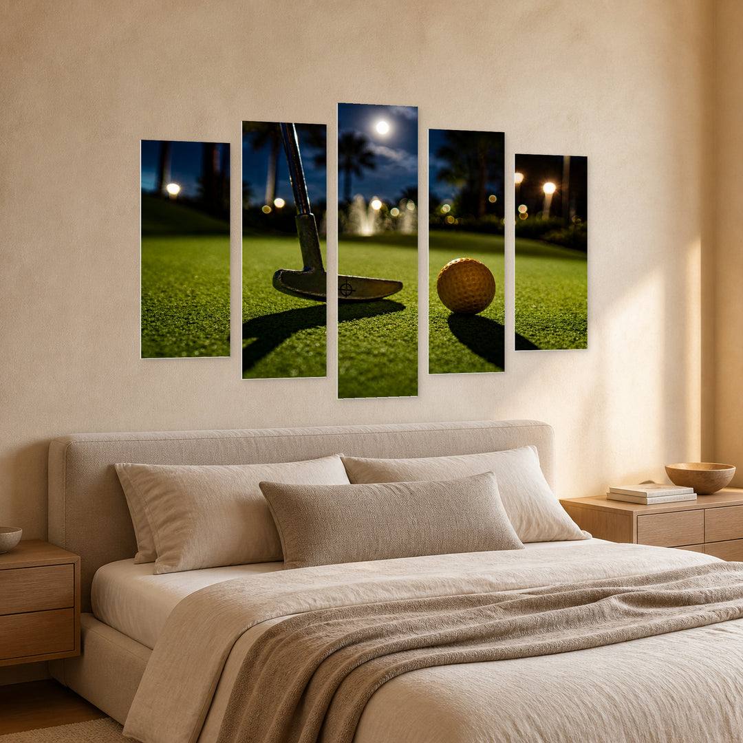 Mini Golf at Night — five-panel wall art in perspective interior | 5wallart 55221 M2