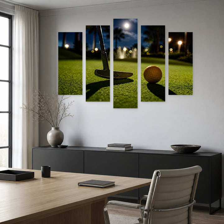 Mini Golf at Night — five-panel wall art in alternate frontal interior | 5wallart 55221 M4