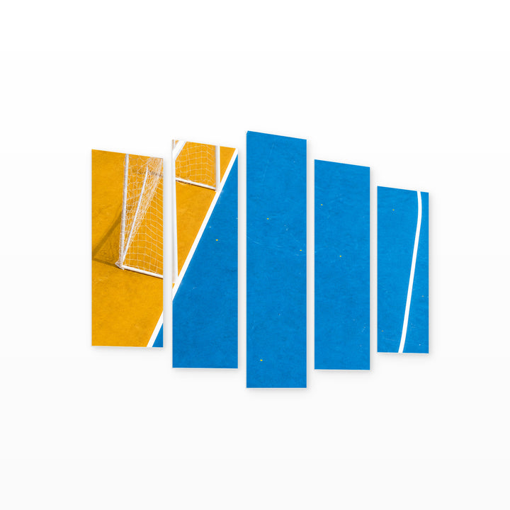 Colorful Soccer Field in Blue and Gold — five-panel wall art on white background in perspective | 5wallart 55223 M1