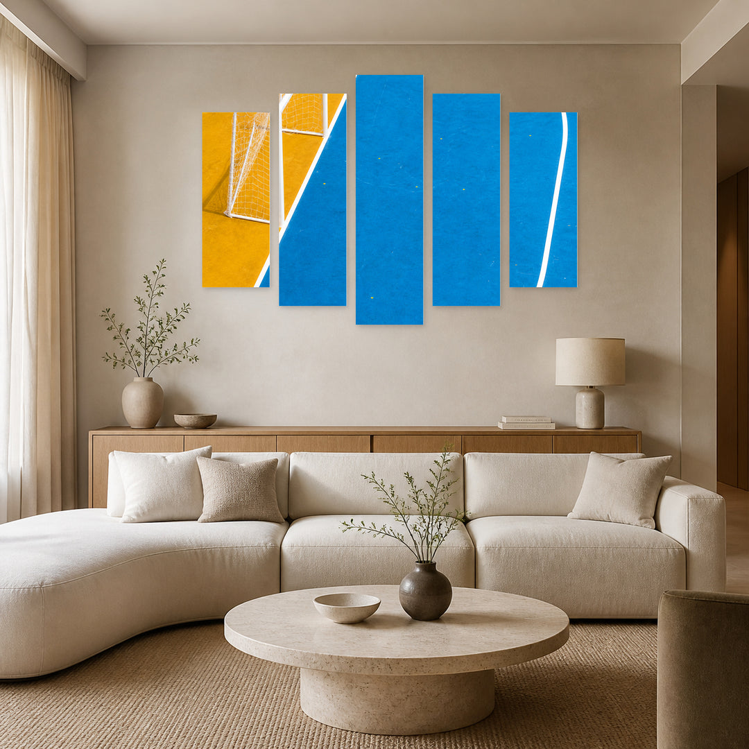 Colorful Soccer Field in Blue and Gold — five-panel wall art in frontal interior | 5wallart 55223 M3