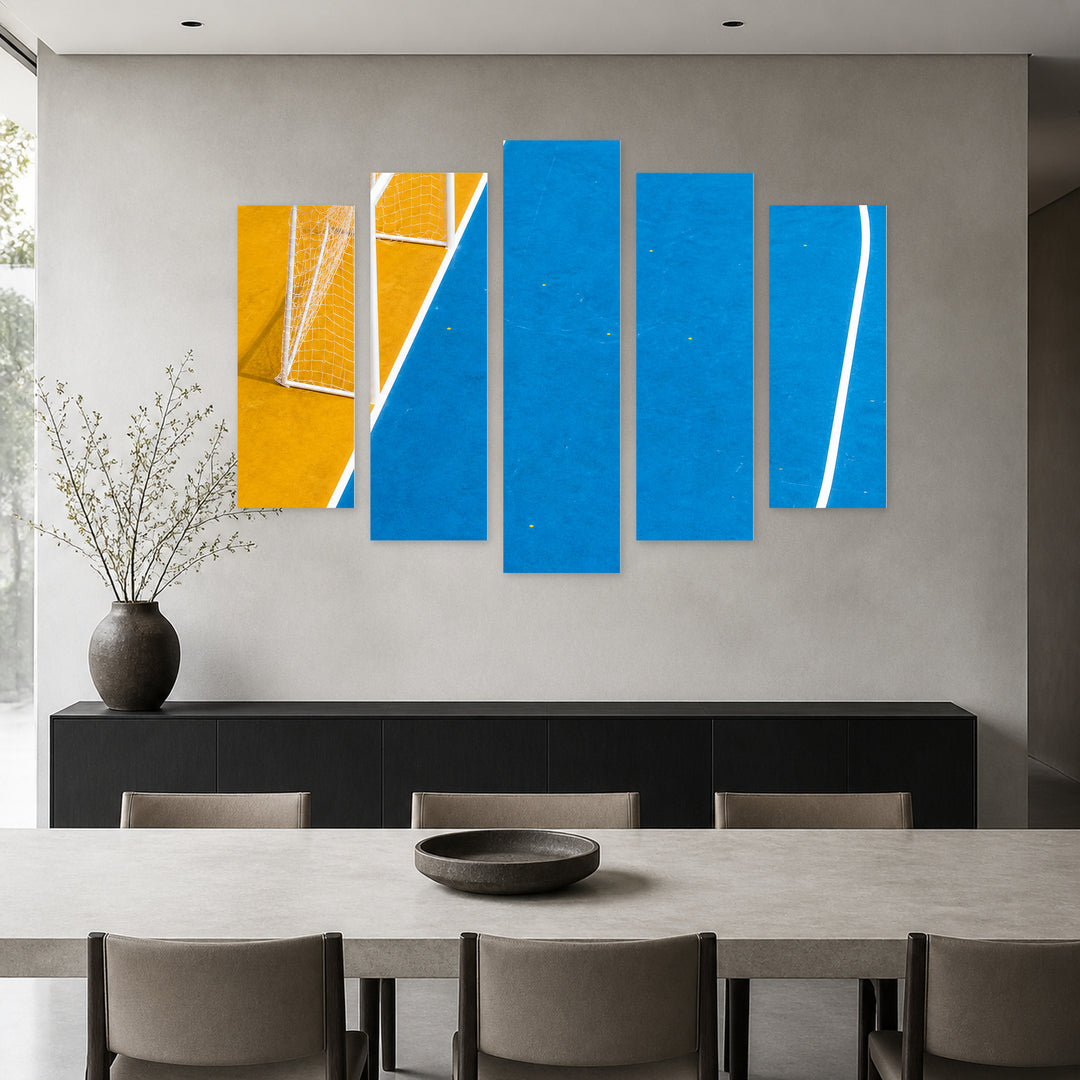 Colorful Soccer Field in Blue and Gold — five-panel wall art in alternate frontal interior | 5wallart 55223 M4