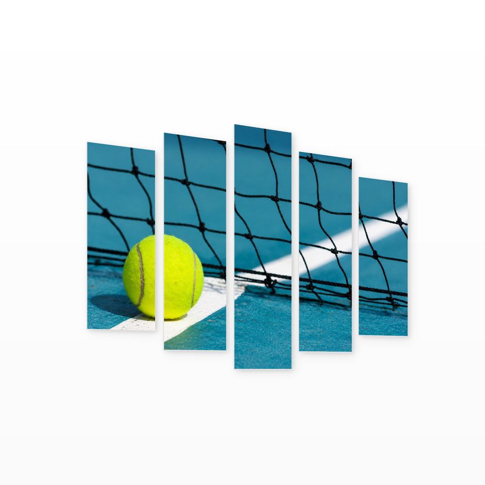 Tennis Ball on Court with Dramatic Contrast — five-panel wall art on white background in perspective | 5wallart 55224 M1