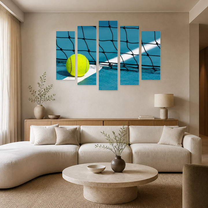 Tennis Ball on Court with Dramatic Contrast — five-panel wall art in alternate frontal interior | 5wallart 55224 M4