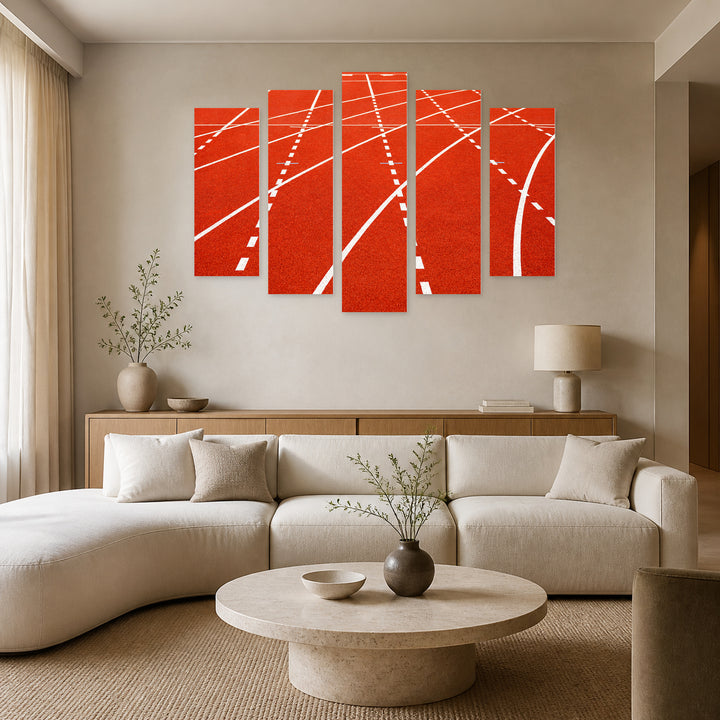Retro Running Track in Vivid Color — five-panel wall art in frontal interior | 5wallart 55225 M3