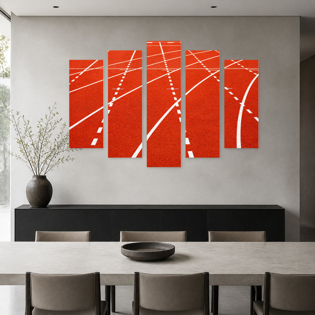 Retro Running Track in Vivid Color — five-panel wall art in alternate frontal interior | 5wallart 55225 M4
