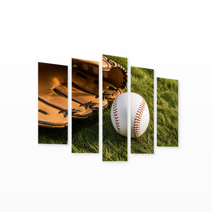 Baseball Ball and Glove in Serene Light — five-panel wall art on white background in perspective | 5wallart 55226 M1