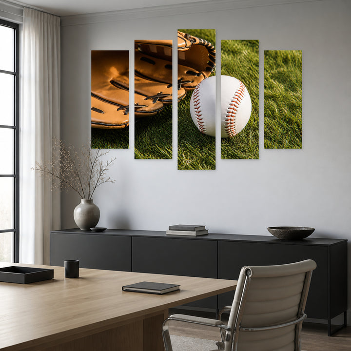Baseball Ball and Glove in Serene Light — five-panel wall art in frontal interior | 5wallart 55226 M3