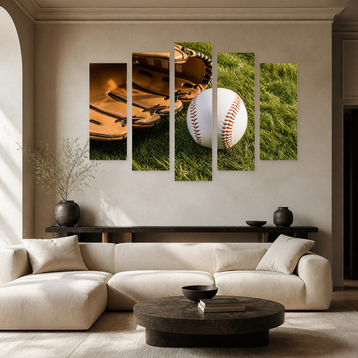 Baseball Ball and Glove in Serene Light — five-panel wall art in alternate frontal interior | 5wallart 55226 M4