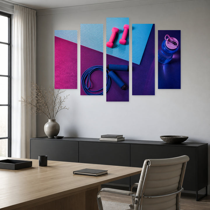 Fitness at Night — five-panel wall art in alternate frontal interior | 5wallart 55227 M4