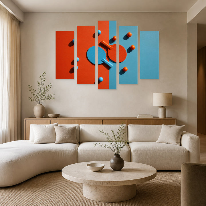 Ping Pong with Geometric Rhythm — five-panel wall art in frontal interior | 5wallart 55229 M3