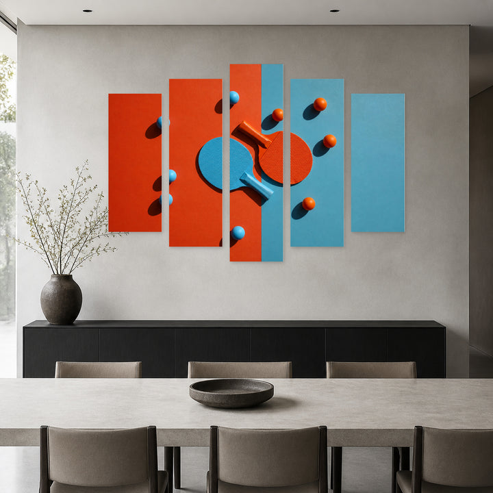 Ping Pong with Geometric Rhythm — five-panel wall art in alternate frontal interior | 5wallart 55229 M4