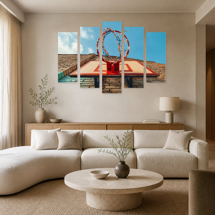 Basketball Hoop in Vivid Color — five-panel wall art in alternate frontal interior | 5wallart 55230 M4