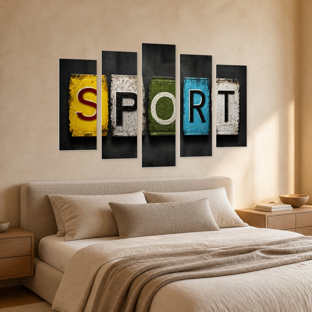 Sports Backboard with Geometric Rhythm — five-panel wall art in perspective interior | 5wallart 55231 M2