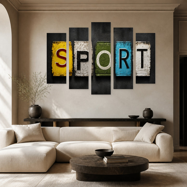 Sports Backboard with Geometric Rhythm — five-panel wall art in frontal interior | 5wallart 55231 M3