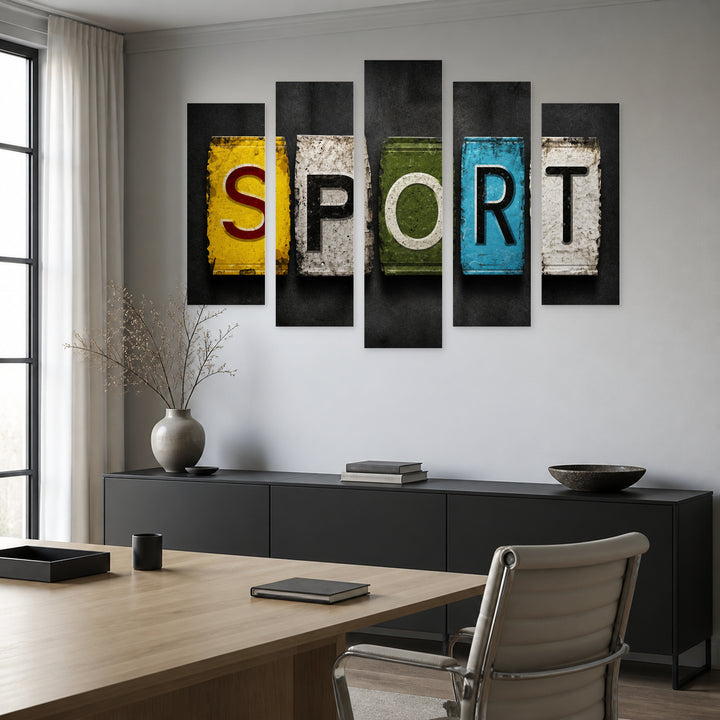 Sports Backboard with Geometric Rhythm — five-panel wall art in alternate frontal interior | 5wallart 55231 M4