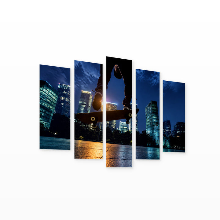 Skateboarder at Night — five-panel wall art on white background in perspective | 5wallart 55233 M1
