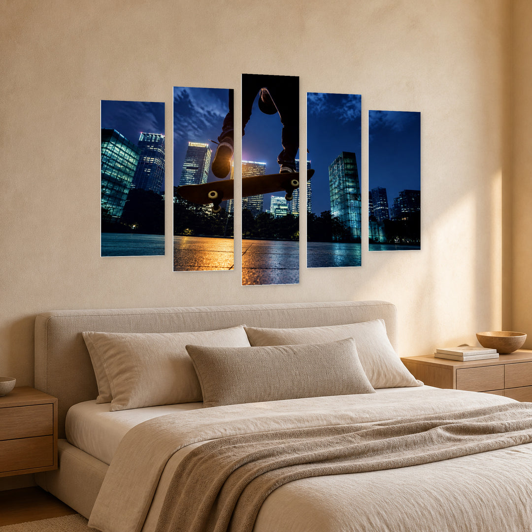 Skateboarder at Night — five-panel wall art in perspective interior | 5wallart 55233 M2