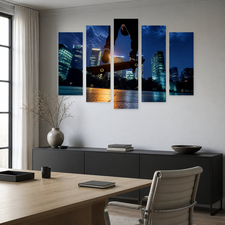 Skateboarder at Night — five-panel wall art in alternate frontal interior | 5wallart 55233 M4