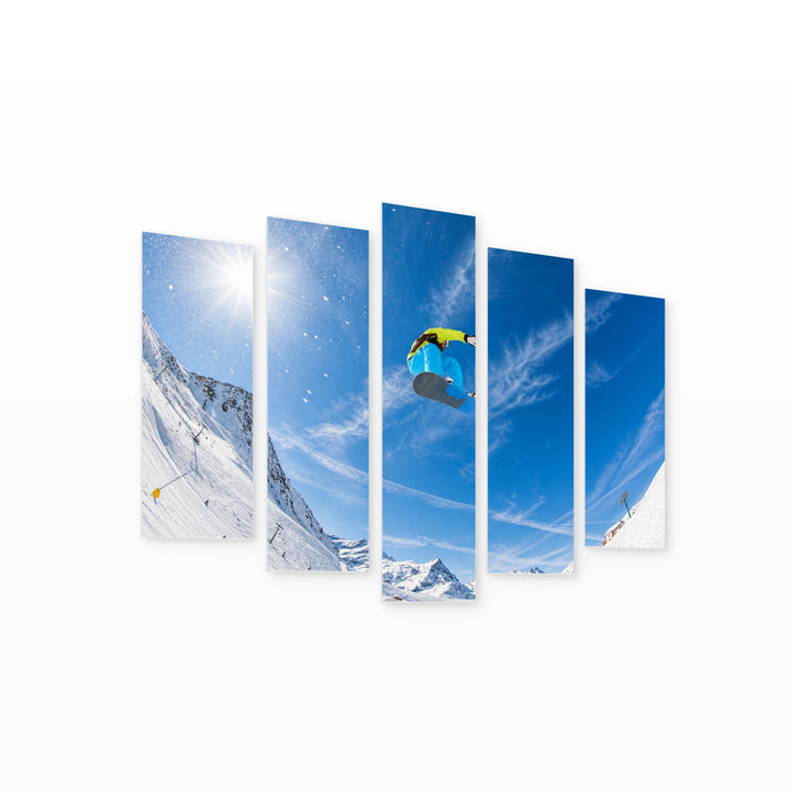 Snowboarder in the Air in Winter — five-panel wall art on white background in perspective | 5wallart 55234 M1