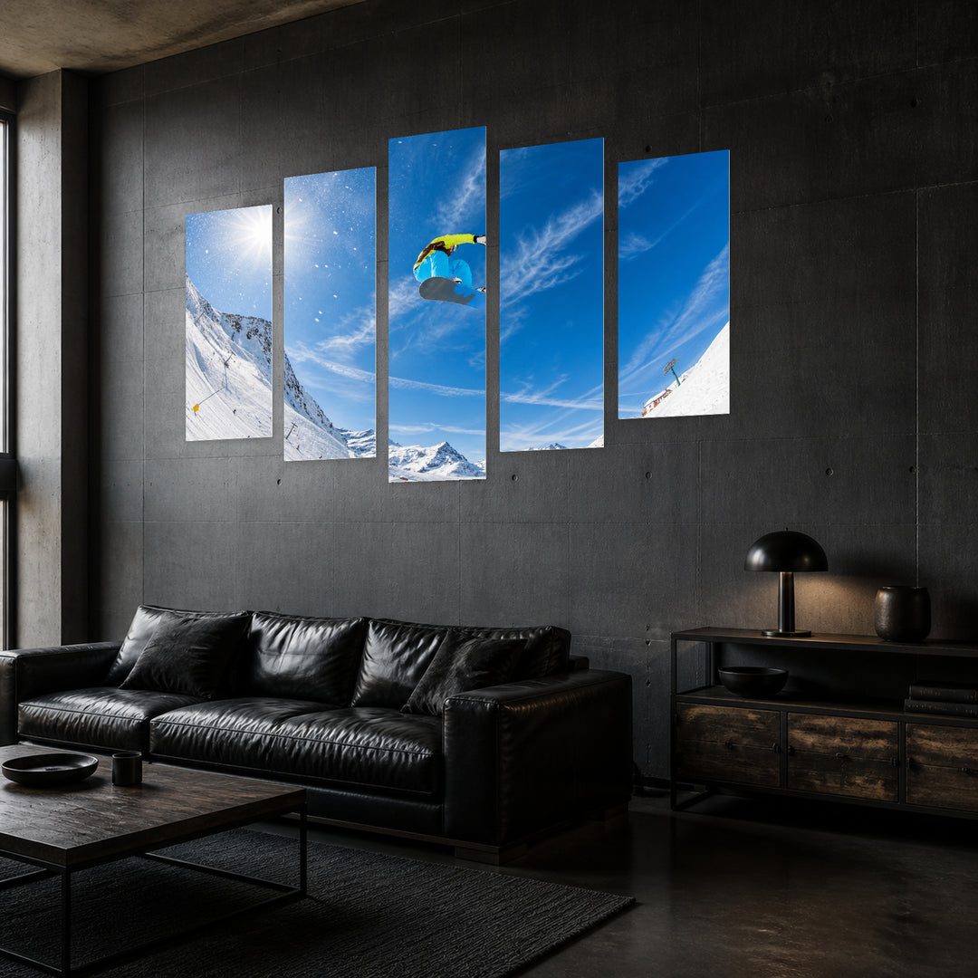 Snowboarder in the Air in Winter — five-panel wall art in perspective interior | 5wallart 55234 M2