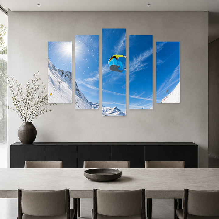 Snowboarder in the Air in Winter — five-panel wall art in frontal interior | 5wallart 55234 M3