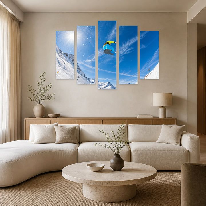 Snowboarder in the Air in Winter — five-panel wall art in alternate frontal interior | 5wallart 55234 M4