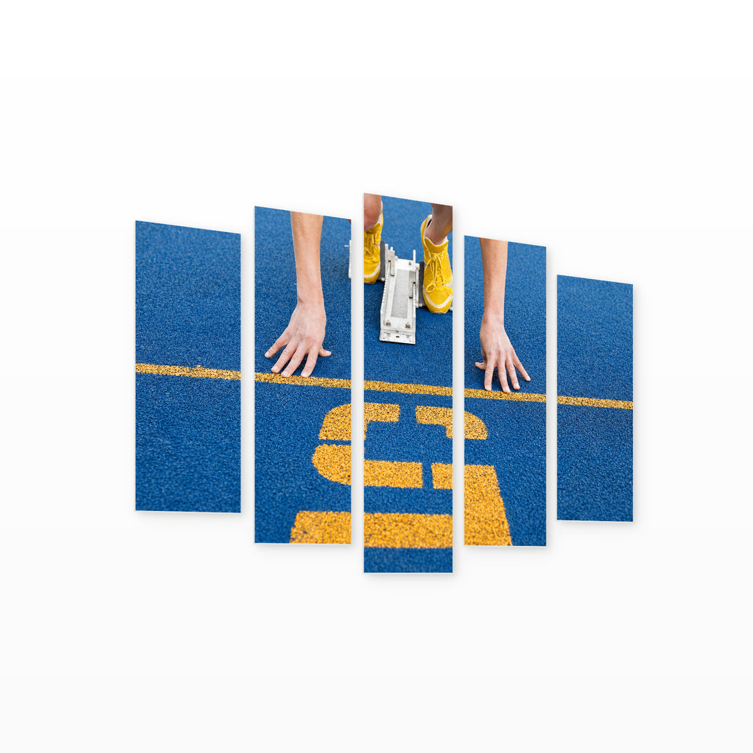 Starting Line in Blue and Gold — five-panel wall art on white background in perspective | 5wallart 55235 M1