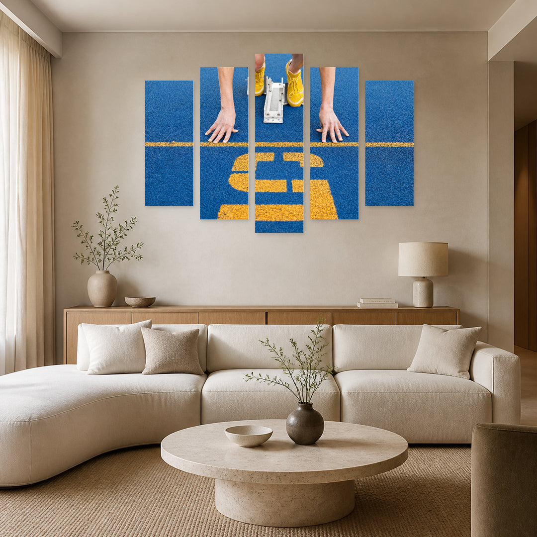 Starting Line in Blue and Gold — five-panel wall art in frontal interior | 5wallart 55235 M3