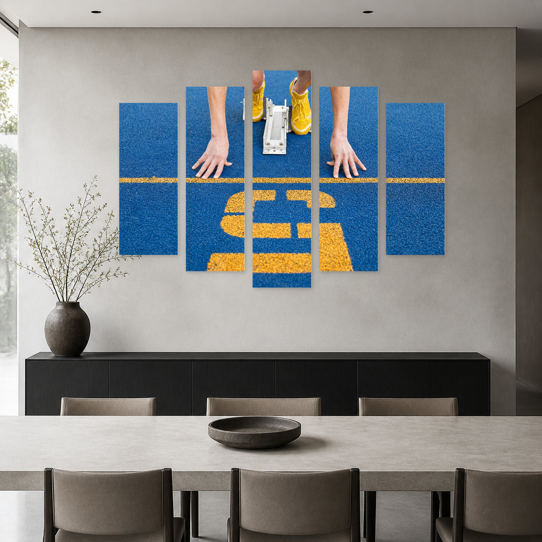 Starting Line in Blue and Gold — five-panel wall art in alternate frontal interior | 5wallart 55235 M4