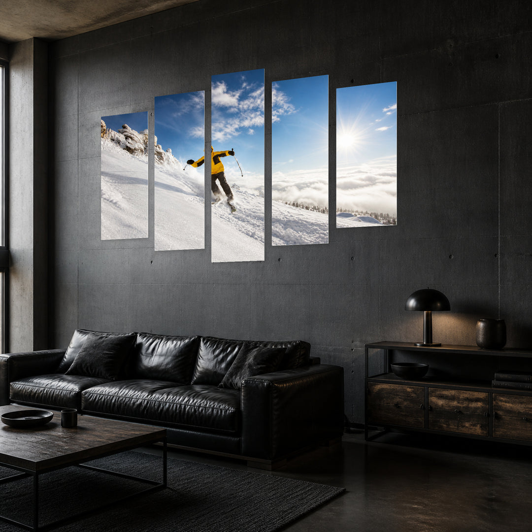 Skier in Motion in Winter — five-panel wall art in perspective interior | 5wallart 55236 M2