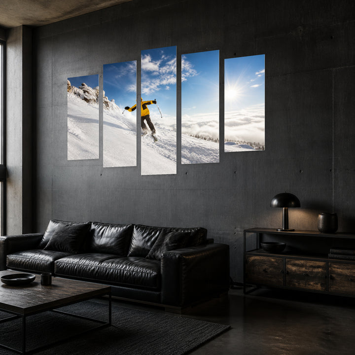 Skier in Motion in Winter — five-panel wall art in perspective interior | 5wallart 55236 M2