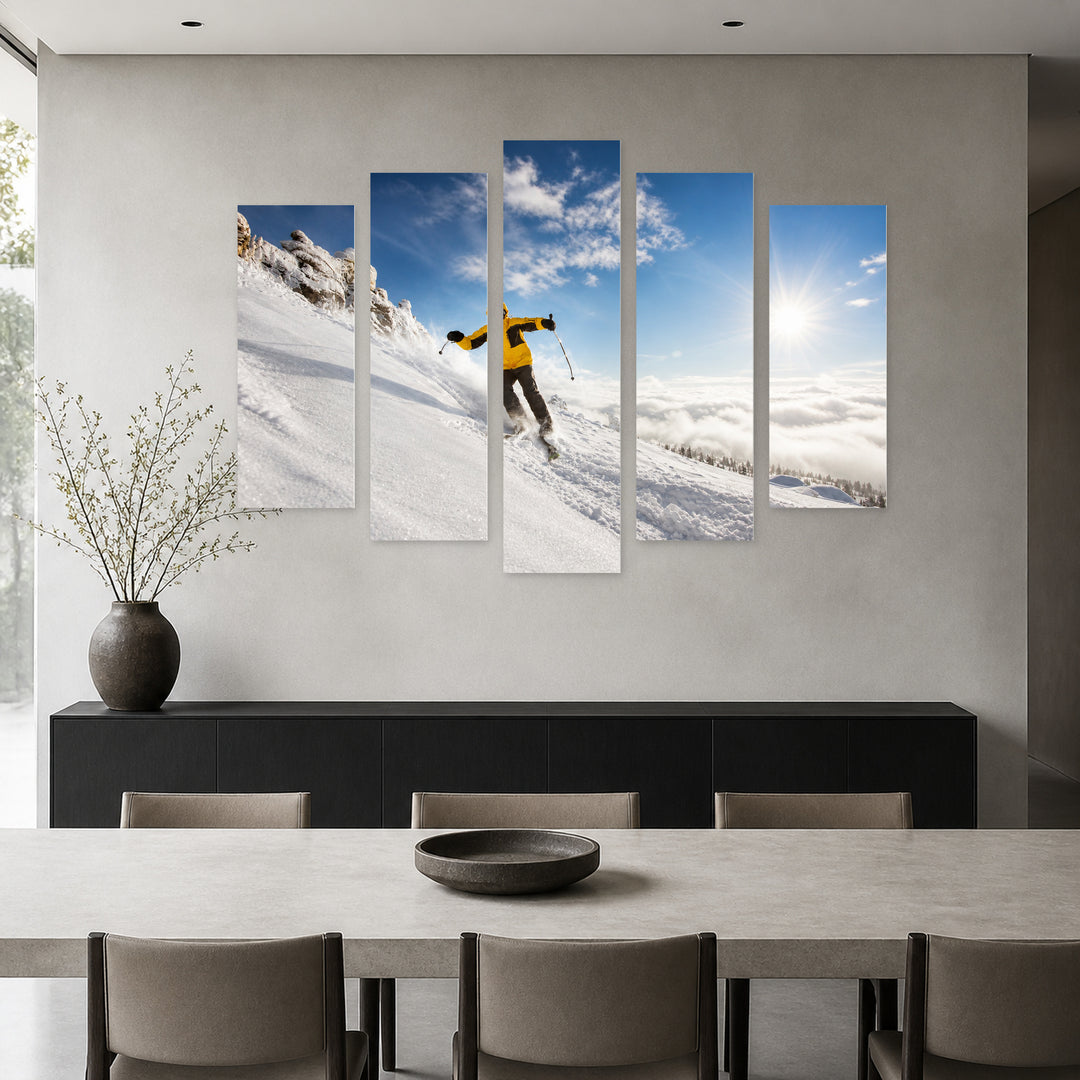 Skier in Motion in Winter — five-panel wall art in frontal interior | 5wallart 55236 M3