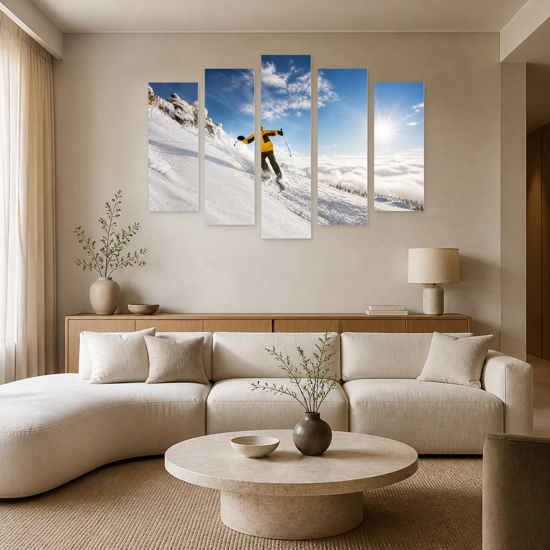 Skier in Motion in Winter — five-panel wall art in alternate frontal interior | 5wallart 55236 M4