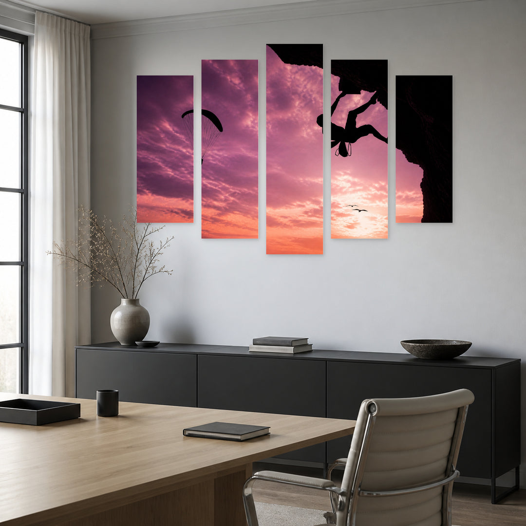 Extreme Sports with Dramatic Contrast — five-panel wall art in alternate frontal interior | 5wallart 55239 M4