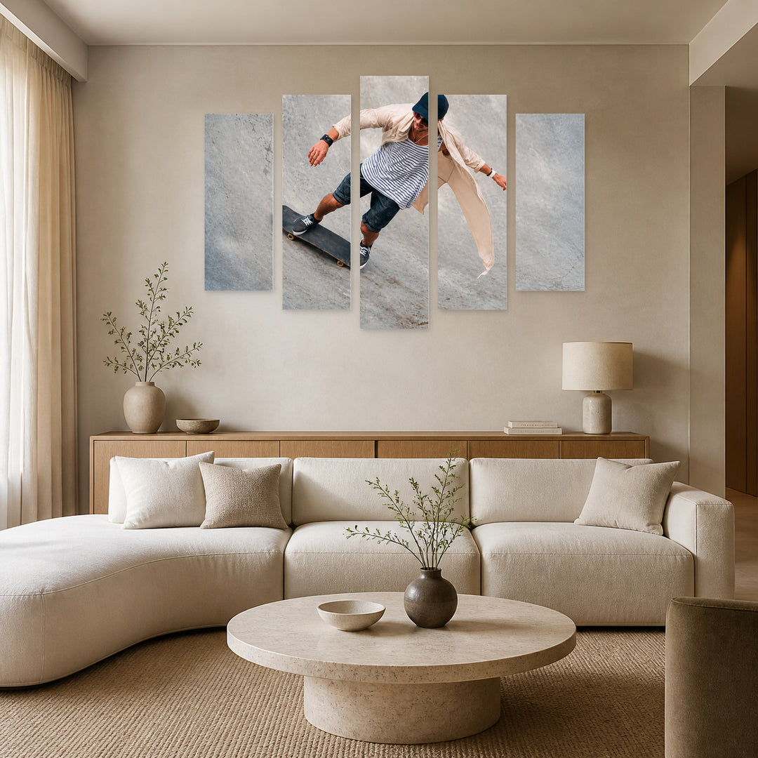 Skateboarder on Ramp in Vivid Color — five-panel wall art in alternate frontal interior | 5wallart 55240 M4