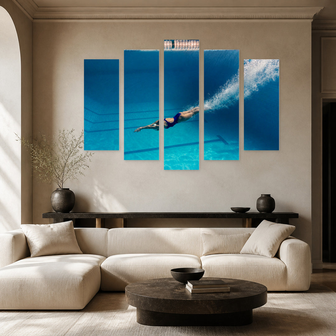 Diving Into Pool Motion Study — five-panel wall art in alternate frontal interior | 5wallart 55242 M4