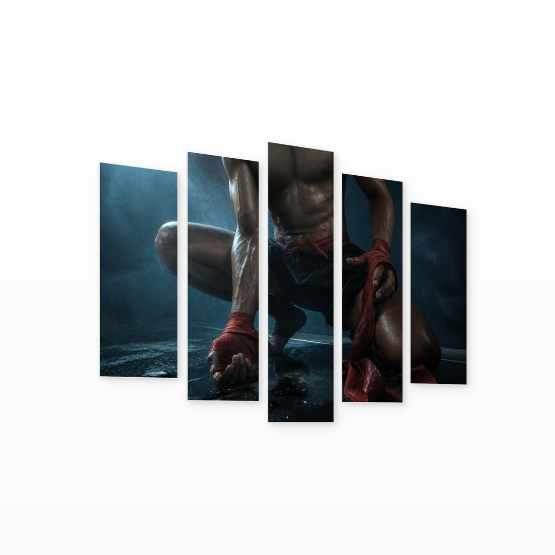 Muay Thai Fighter with Geometric Rhythm — five-panel wall art on white background in perspective | 5wallart 55243 M1