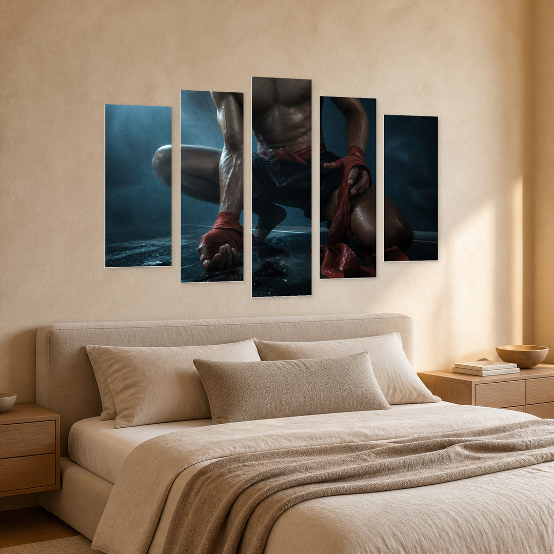 Muay Thai Fighter with Geometric Rhythm — five-panel wall art in perspective interior | 5wallart 55243 M2