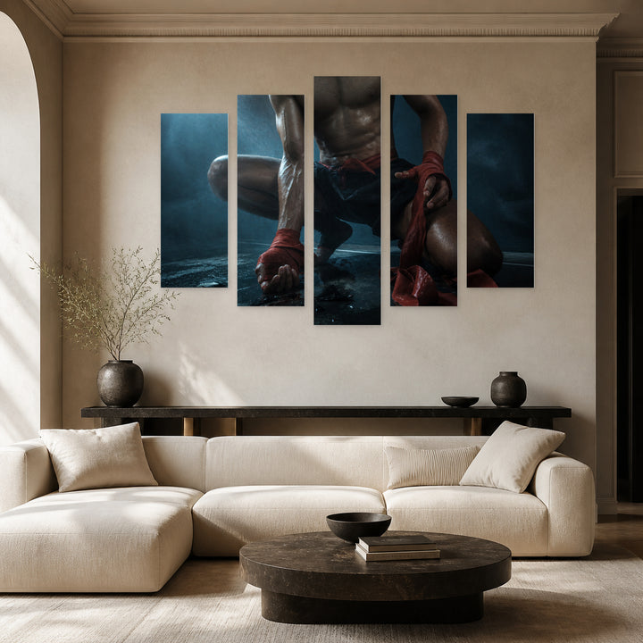 Muay Thai Fighter with Geometric Rhythm — five-panel wall art in frontal interior | 5wallart 55243 M3