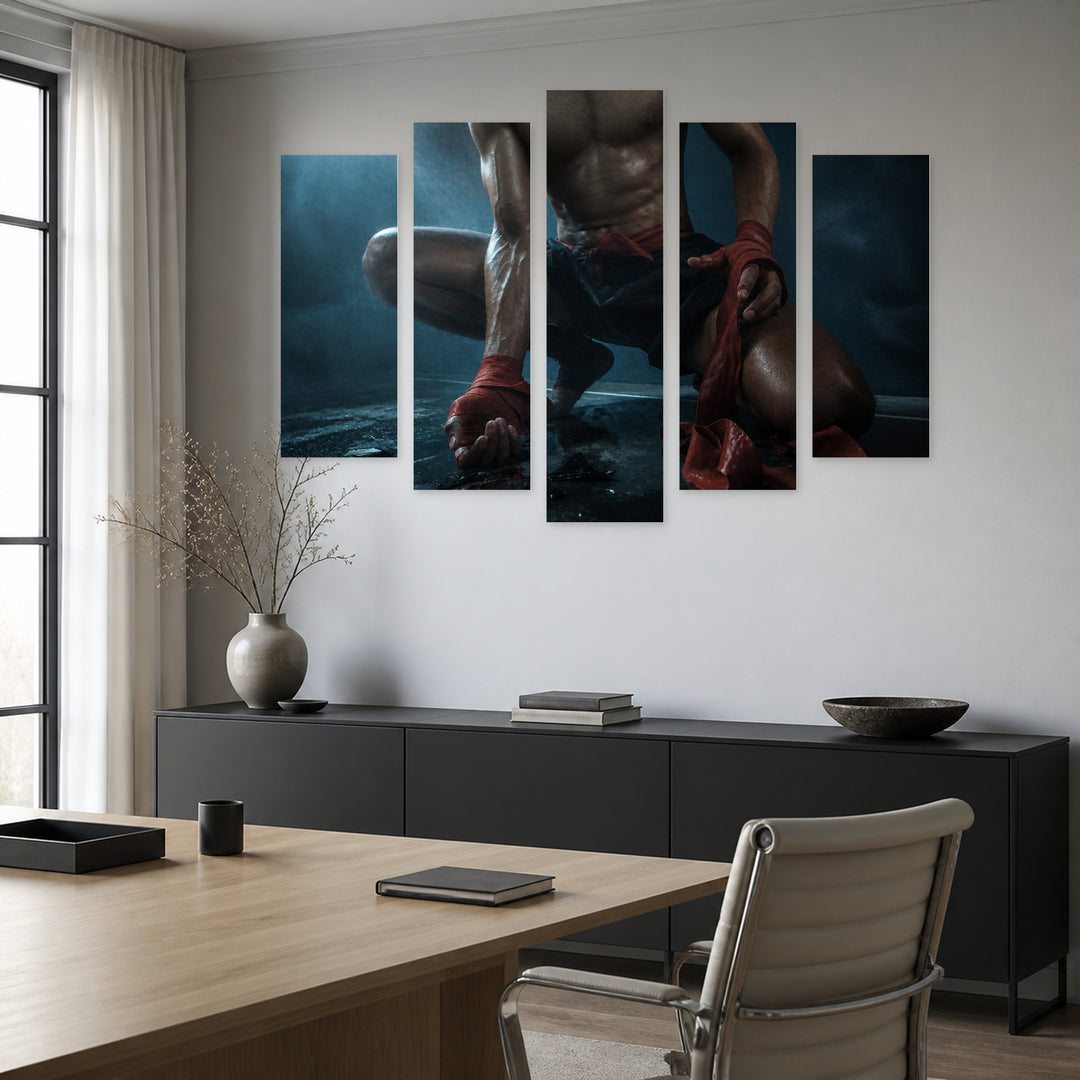 Muay Thai Fighter with Geometric Rhythm — five-panel wall art in alternate frontal interior | 5wallart 55243 M4