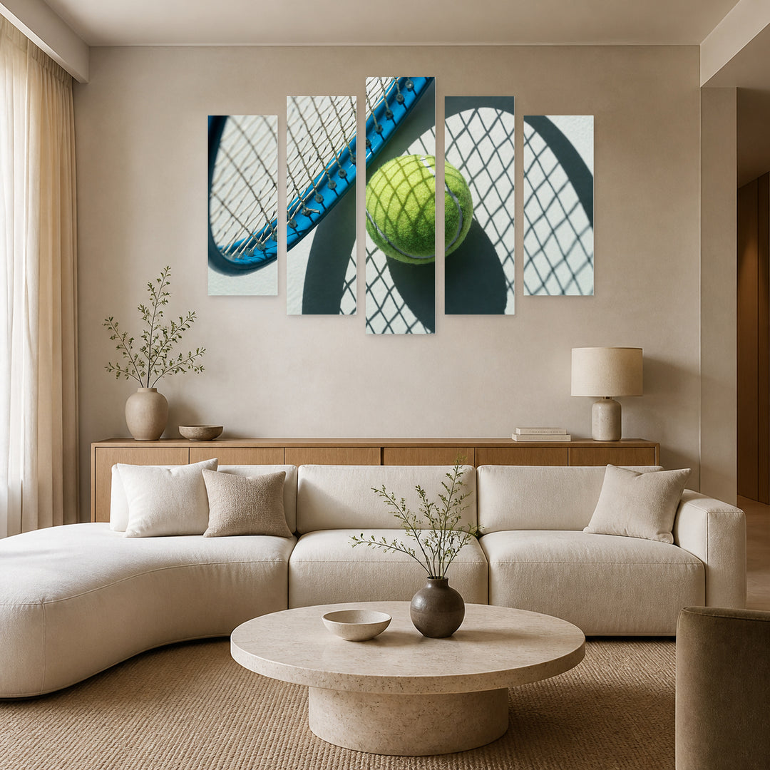 Tennis Racket Motion Study — five-panel wall art in frontal interior | 5wallart 55245 M3