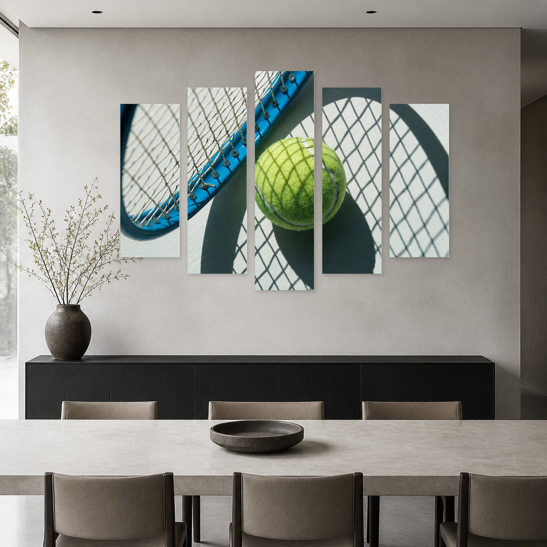Tennis Racket Motion Study — five-panel wall art in alternate frontal interior | 5wallart 55245 M4