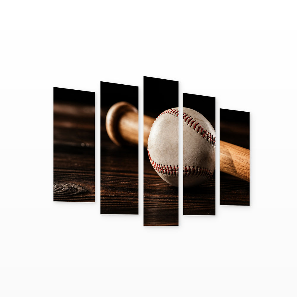 Leather Baseball and Wooden Bat with Geometric Rhythm — five-panel wall art on white background in perspective | 5wallart 55246 M1