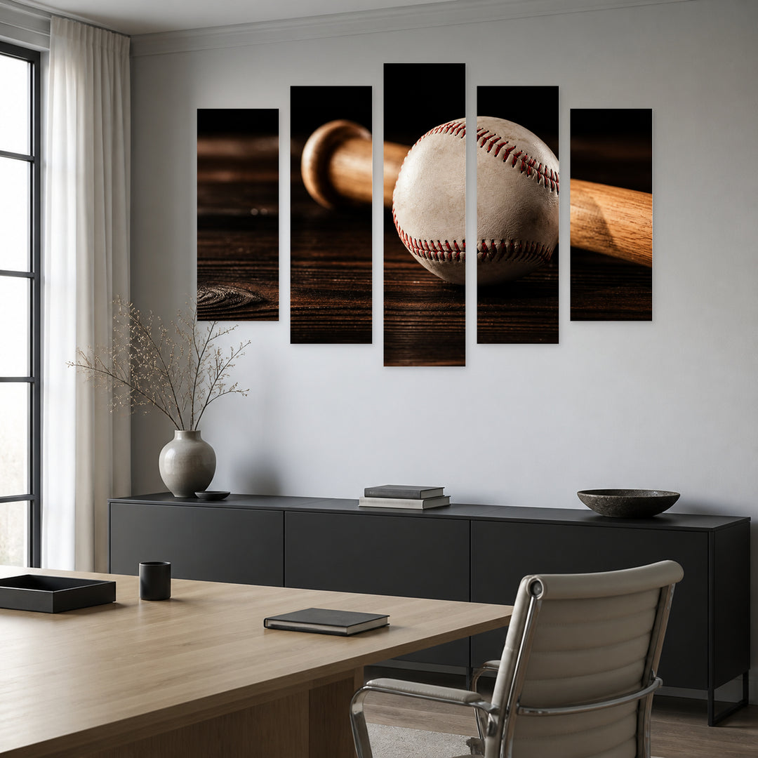 Leather Baseball and Wooden Bat with Geometric Rhythm — five-panel wall art in frontal interior | 5wallart 55246 M3