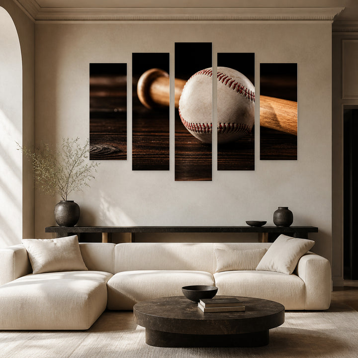 Leather Baseball and Wooden Bat with Geometric Rhythm — five-panel wall art in alternate frontal interior | 5wallart 55246 M4